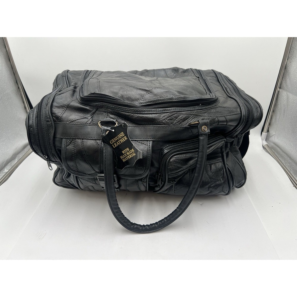 Vintage Black Patchwork Genuine Leather Duffel Bag Weekender Carry On Travel